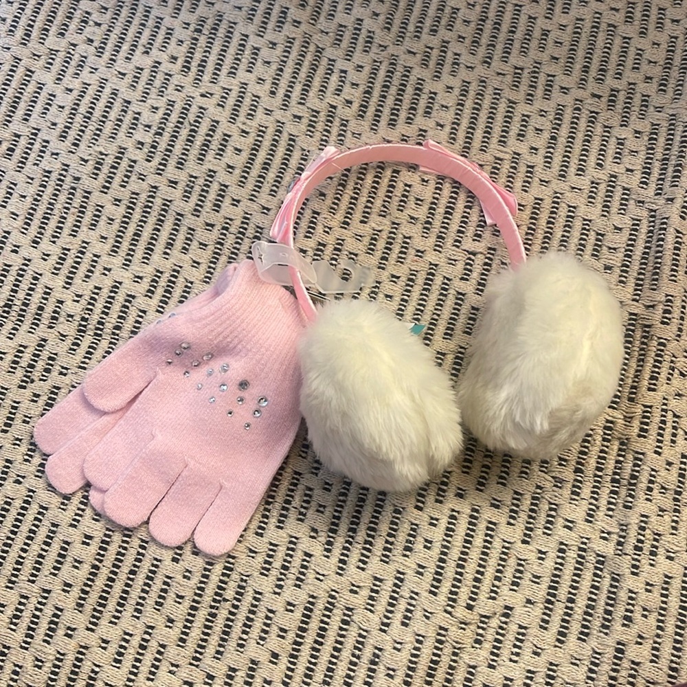 Kids ear muffs with rhinestone on glove pink faux Fur